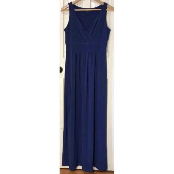 Lauren Ralph Lauren Maxi Dress Sz 8 Navy Stretch Empire Waist Sleeveless Classic - Picture 1 of 13